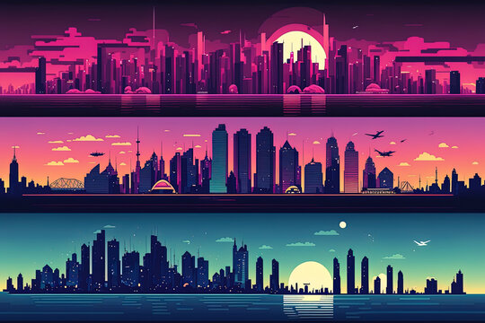 Various views of the city skyline close to the sea. Skyscrapers in a modern megapolis during the day, at night, at sunset, and at dawn. Animated backdrop for a video game or postcard Set of ill