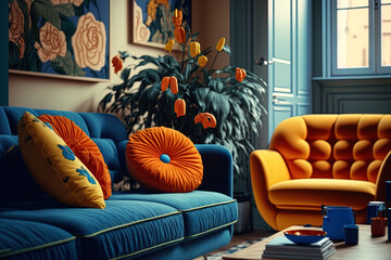 Fototapeta Interior design concept in the 1980s fashion. Elegant living area in front view with a vintage orange sofa and blue and yellow seats. a comfortable couch in a light apartment with vintage decor obraz