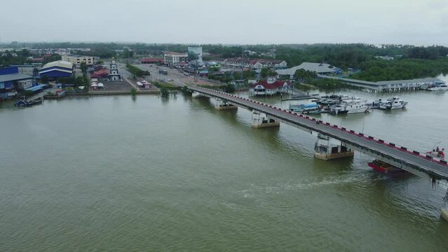 Drone view of Rompin Bridge on Endau River of Pahang, Malaysia