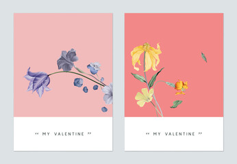 Minimalist botanical valentine greeting card template design, purple and yellow flowers - 558564085