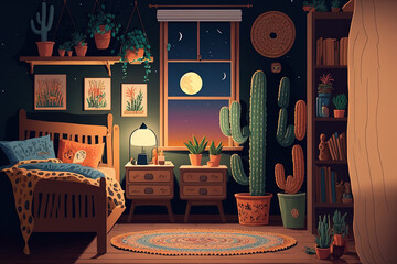 Bohemian bedroom at night with no one inside. Generative AI