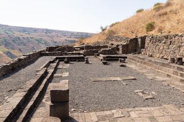 The ruins  of the synagogue in the ruins of Gamla city, located in the Gamla Nature Reserve, Golan...