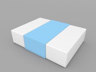 Gift box with ribbon mocap on gray background. 3d render illustration.