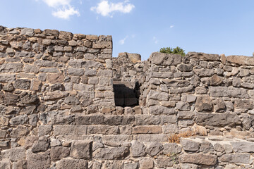 The ruins  of the synagogue in the ruins of Gamla city, located in the Gamla Nature Reserve, Golan Heights, northern Israel
