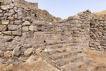 The ruins  of the synagogue in the ruins of Gamla city, located in the Gamla Nature Reserve, Golan Heights, northern Israel