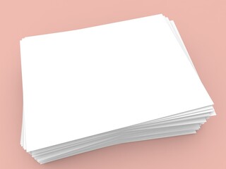 White sheets of A4 office paper on a pink background. 3d render illustration.