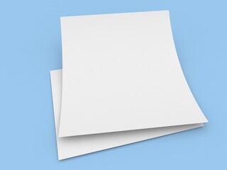 Two sheets of A4 paper on a blue background. 3d render illustration.
