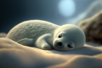 Naklejka premium Adorable, cute, white, sleeping baby seal, dreaming, calm, serene, towell, Generative AI