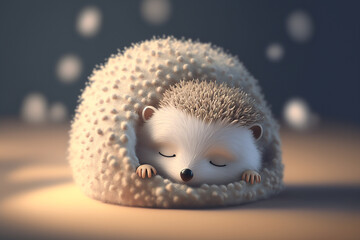 Adorable, white, sleeping baby hedgehog, dreaming, calm, Generative AI