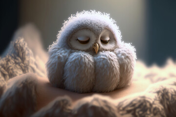 Obraz premium Cute, white, sleeping baby owl, dreaming, smiling, fluffy floor, Generative AI