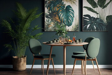 A trendy table, chairs, and paintings of tropical foliage decorate this stylish area. Inventive design. Generative AI