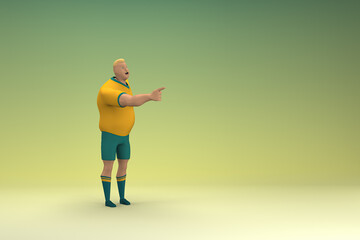 An athlete wearing a yellow shirt and green pants is expression of hand when talking. 3d rendering of cartoon character in acting.