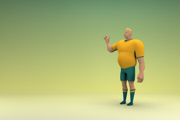 Fototapeta na wymiar An athlete wearing a yellow shirt and green pants is expression of hand when talking. 3d rendering of cartoon character in acting.