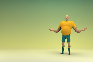 An athlete wearing a yellow shirt and green pants is expression of hand when talking. 3d rendering of cartoon character in acting.