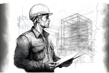 Concept drawing of an architect holding a blueprint against an engineering and architectural background. A professional engineer is wearing a helmet and is equipped with a compass, a pencil, and a cra