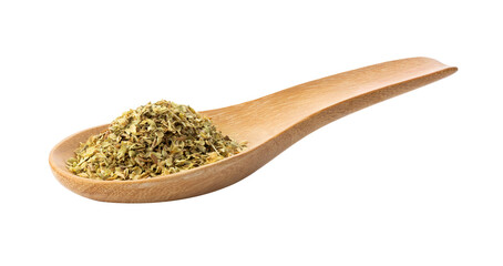 Dried oregano in wood spoon on transparent png