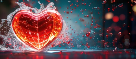 A red glass Valentine heart with water splashes, blue and red bokeh backround, copy space, generative AI