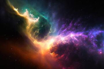 Obraz na płótnie Canvas On a dark background, colorful fractal nebula dust is seen. Generative AI