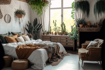 ethnically decorated rustic house design. Nobody, flat lay, panoramic, open space, bed with pillows, wooden furniture, plants in pots, armchair, and drapes on huge windows in nice bedroom decor