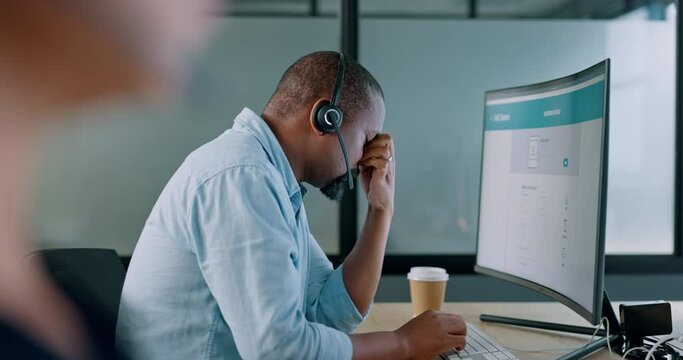 Call center, black man and headache on computer from stress, burnout and desktop glitch, pain and crisis. Frustrated telemarketing consultant tired of pc web problem, poor sales service and challenge
