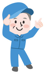 指をさす作業員のシニア男性