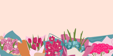 Background with bouquets of flowers, Valentines Day, Women s Day, Mother s Day design in flat style. Festive background, banner, greeting card, and flyer. Vector illustration.
