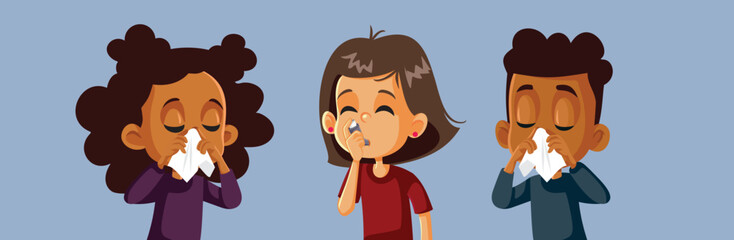 Children Suffering Respiratory Diseases During School Epidemic Vector Illustration. Kids having viral pneumonia catching the virus in collectivity 
