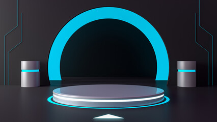 Futuristic sci-fi technology with blue glowing neon lights podium display or showcase mockup for product presentation, 3d rendering