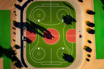 Aerial image of a barren, red basketball court with white hoops and markings that are surrounded by green grass. Generative AI