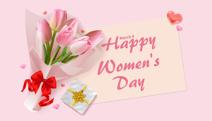 8 March International Women's Day banner with bouquet of pink tulips and gift on pink background
