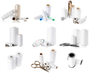 Set of threads with tailor's supplies on white background