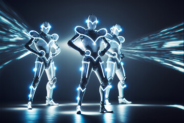 Laser show performance, dancers in led suits with LED lamp, very beautiful night club performance, party. Generated AI