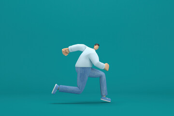 cartoon character wearing jeans and  long shirt. He is running. 3d rendering in acting.