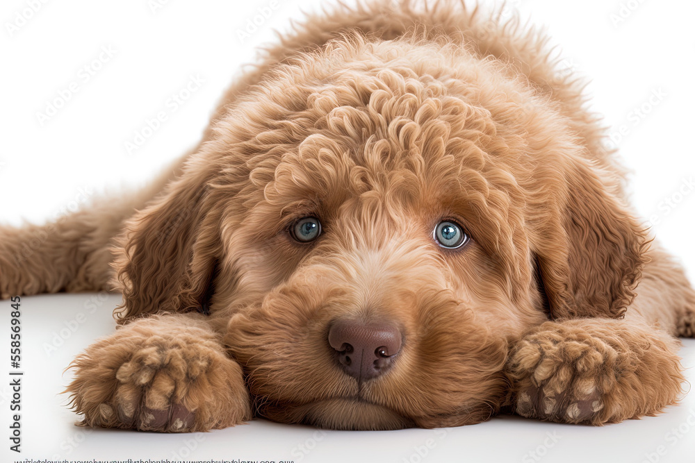 Canvas Prints Cute red or abricot Labradoodle puppy lying on its side and gazing at the camera with deep set, sparkling eyes. On a white backdrop, alone. open mouth with pink tongue. Generative AI