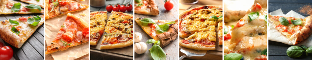Collage with different tasty pizzas