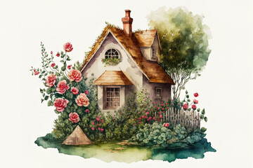 Isolated on a white backdrop are a house, a cottage, and a lawn. Bushes. pot of roses. Handmade watercolour. Think of a picture. Generative AI