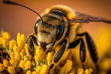 Bee in close up focus on a yellow wall in a selective close up photo. Generative AI