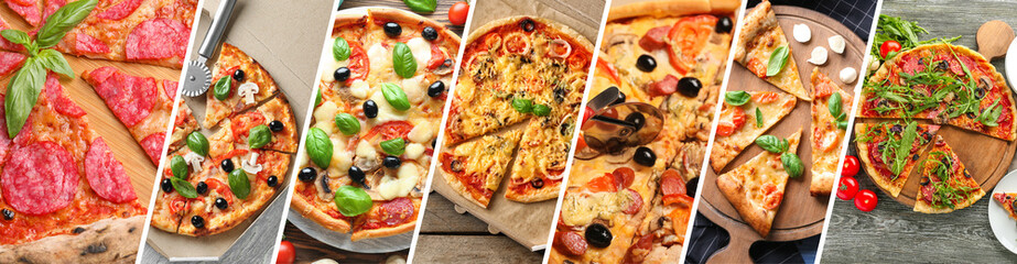 Collage with different tasty pizzas