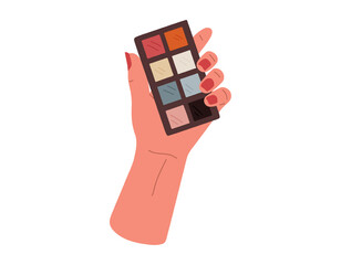 Female hand hold eyeshadow palette with various colors.Vector illustration