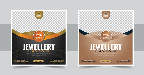 Jewelry social media post, web banner or square flyer design template, luxury social media presentation, card, cover, template collection