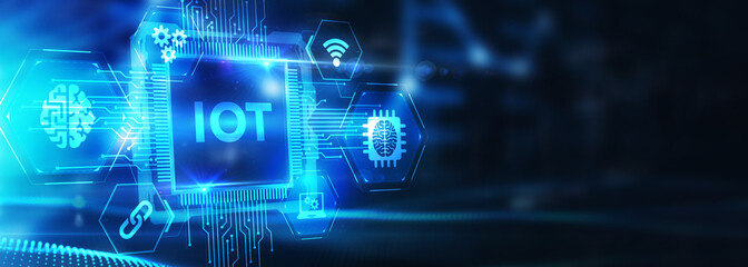 Fototapeta premium Internet of things - IOT concept. Businessman offer IOT products and solutions. The future of technology. Virtual screen of the future with the inscription: IOT. 3d illustration
