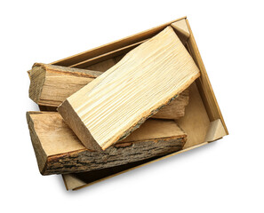 Box with firewood on white background