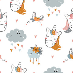 Seamless repeating pattern with cute unicorns on a white background. Vector illustration for fashion fabrics, textile graphics, prints, etc.