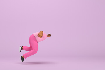 The black man with pink clothes.  He is falling down. 3d rendering of cartoon character in acting.