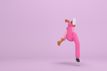 Fototapeta na wymiar The black man with pink clothes. He is falling down. 3d rendering of cartoon character in acting.