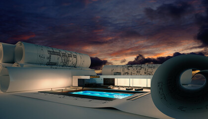 Fototapeta Entwurf eines modernen, energieeffizienten Bungalow mit Swimmingpool (mit Sonnenuntergang im Hintergrund)- 3D Visualisierung obraz