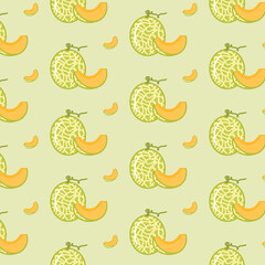 Seamless pattern of cute shiny honeydew melon. Hand drawn flat vector illustration isolated on green background. For textile print, wallpaper, wrapping paper, greeting card, gift 