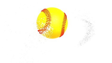 Yellow-red Baseball with diamond splash particles under white lighting background. 3D illustration. 3D high quality rendering. 3D CG.