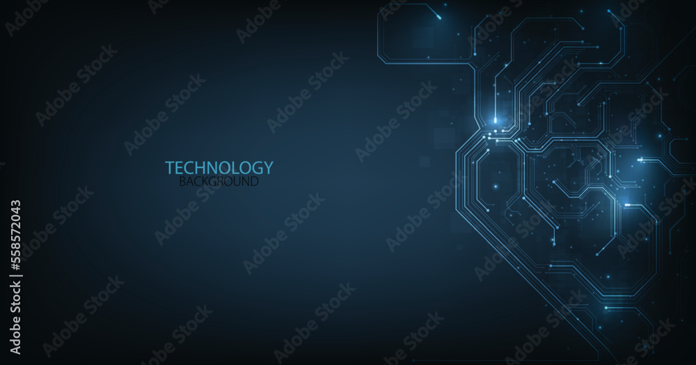 Poster Technology digital futuristic background concept. Dark blue background with various technology elements Hi-tech communication concept empty space for text.Digital futuristic minimalism.