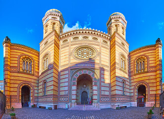 Panoramic facade of Dohany Street Synagogue, Budapest, Hungary